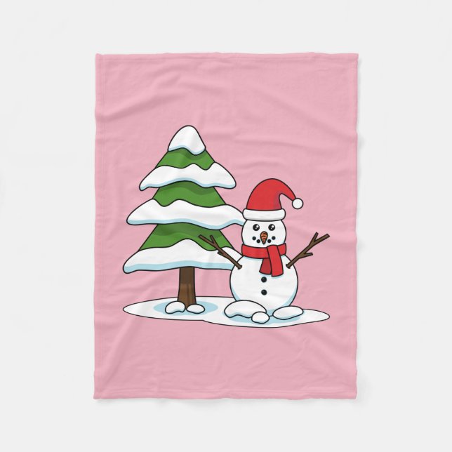 Snowman with Snowy Pine Tree Fleece Blanket (Front)