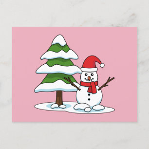 Snowman with Snowy Pine Tree Holiday Postcard