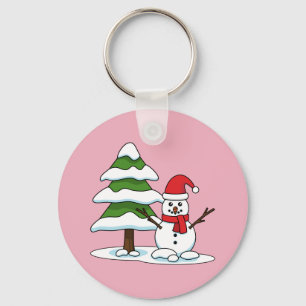 Snowman with Snowy Pine Tree Key Ring