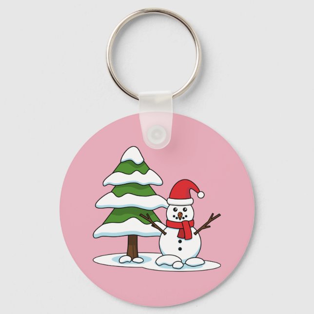 Snowman with Snowy Pine Tree Key Ring (Front)