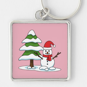Snowman with Snowy Pine Tree Key Ring