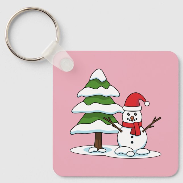 Snowman with Snowy Pine Tree Key Ring (Front)