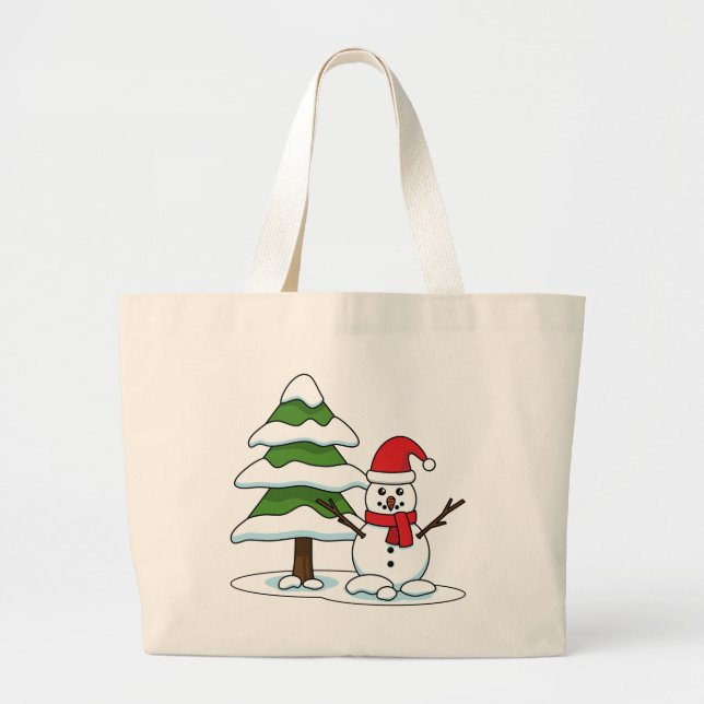 Snowman with Snowy Pine Tree Large Tote Bag (Front)