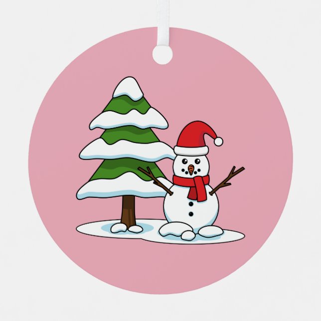 Snowman with Snowy Pine Tree Metal Tree Decoration (Front)