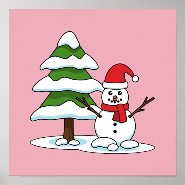 Snowman with Snowy Pine Tree Poster (Front)