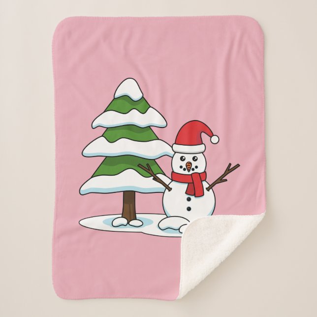 Snowman with Snowy Pine Tree Sherpa Blanket (Front)