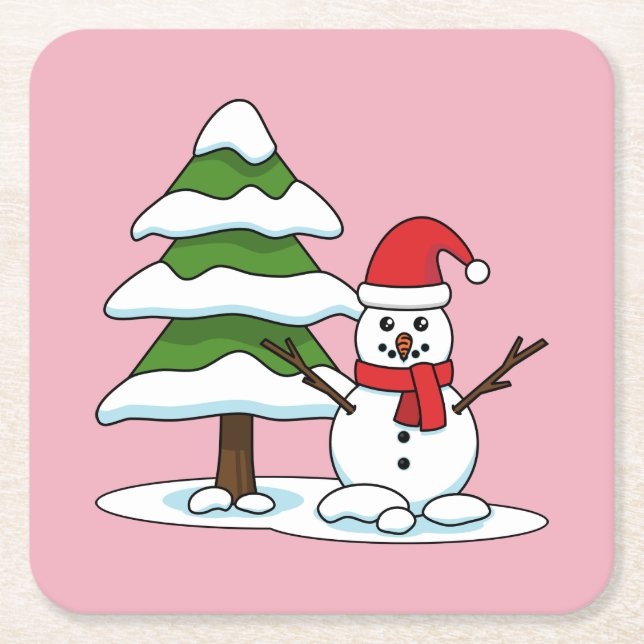 Snowman with Snowy Pine Tree Square Paper Coaster (Front)