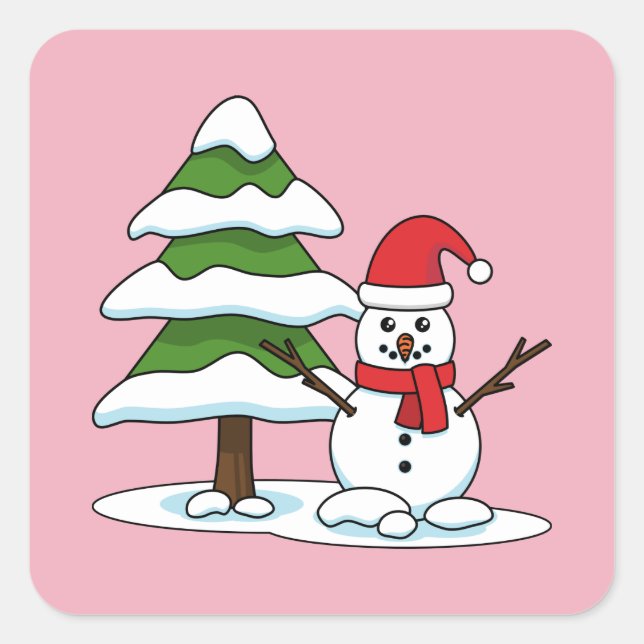 Snowman with Snowy Pine Tree Square Sticker (Front)