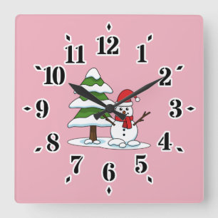 Snowman with Snowy Pine Tree Square Wall Clock