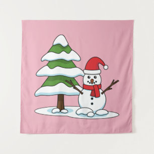 Snowman with Snowy Pine Tree Tapestry