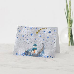 Snowman with sparkly blue stars holiday card