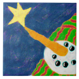 Snowman with Star Abstract Art Tile
