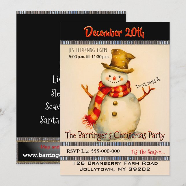 Snowman with Top Hat Christmas Party Invitation (Front/Back)