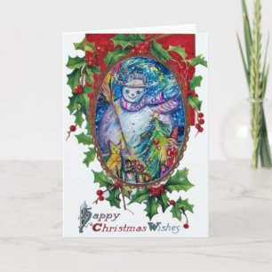 SNOWMAN WITH TOYS,Christmas Crown Hollyberries Holiday Card