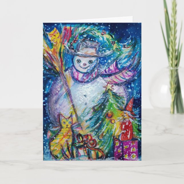 SNOWMAN WITH TOYS, white blue yellow Holiday Card (Front)