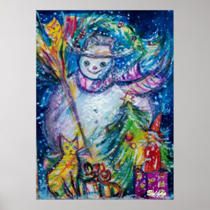 SNOWMAN WITH TOYS, white blue yellow Poster