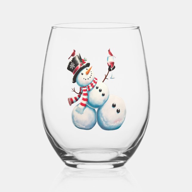 Snowman With Wine Christmas Funny Xmas Gift Stemless Wine Glass (Back)