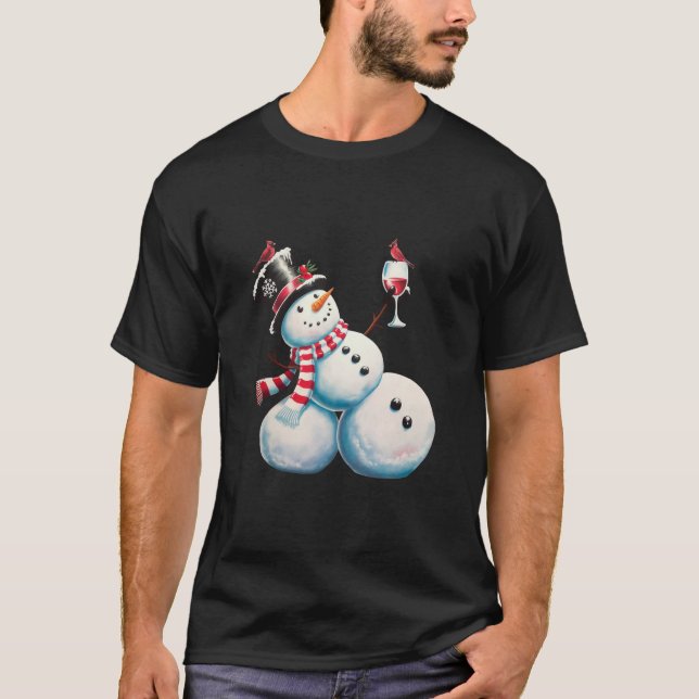 Snowman With Wine Christmas Funny Xmas Gift T-Shirt (Front)