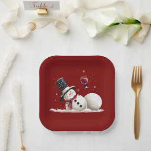 Snowman With Wine Christmas Gift Xmas Holiday  Paper Plate