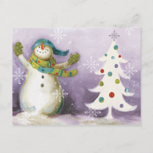 Snowman with Winter Mittens and Christmas Trees Holiday Postcard