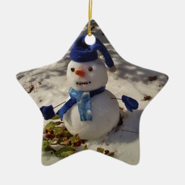 Snowman withBlue Hat and Scarf Ceramic Tree Decoration (Front)