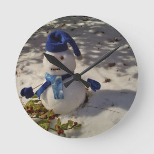 Snowman withBlue Hat and Scarf Round Clock