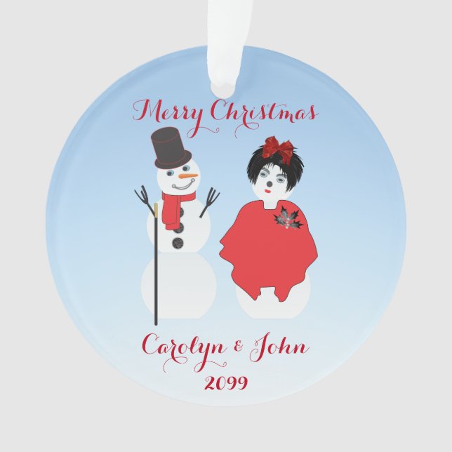 Snowman & Woman Dressed To Party Christmas Ornament (Front)