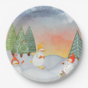 SNOWMAN & WOODLAND FRIENDS IN WINTER WONDERLAND PAPER PLATE