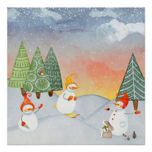 SNOWMAN & WOODLAND FRIENDS IN WINTER WONDERLAND POSTER