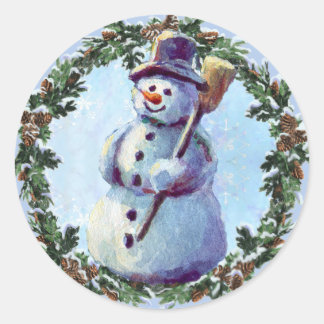 SNOWMAN & WREATH 2 by SHARON SHARPE Classic Round Sticker
