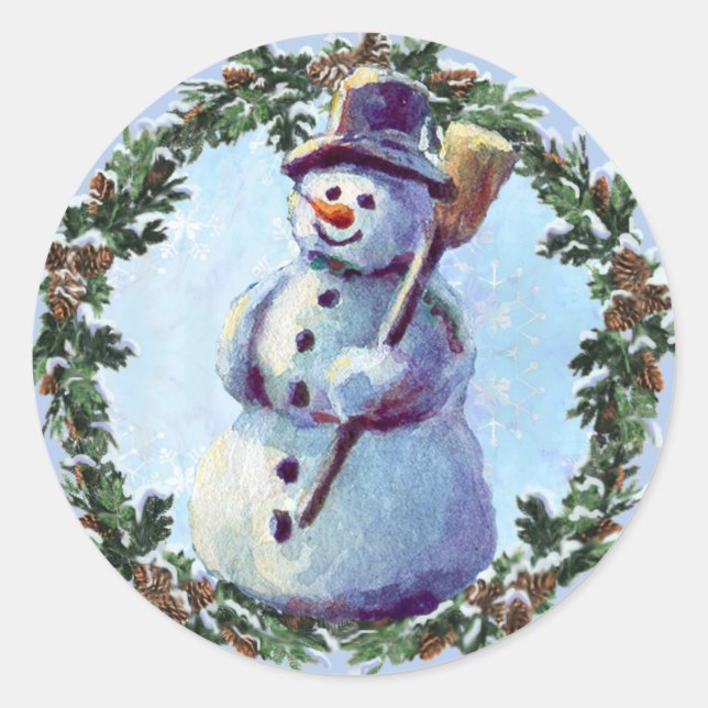 SNOWMAN & WREATH 2 by SHARON SHARPE Classic Round Sticker (Front)