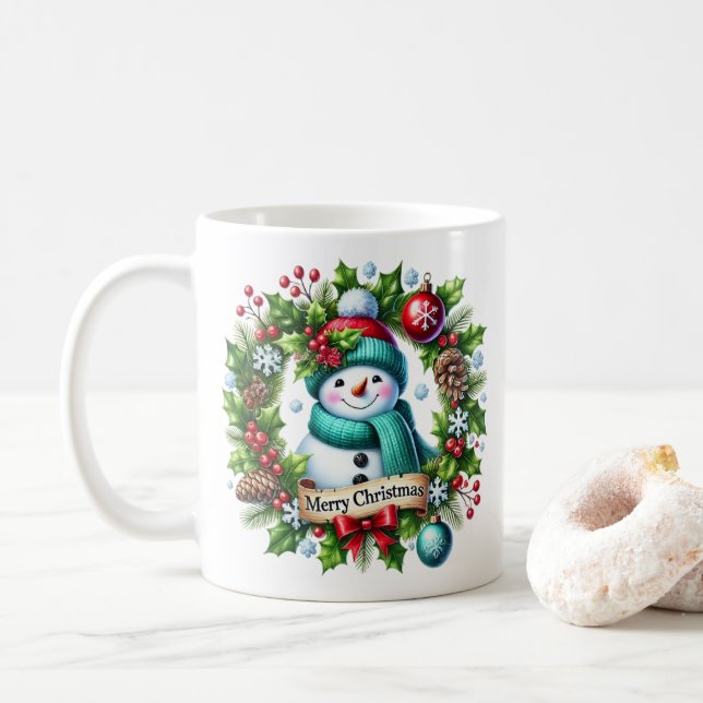 Snowman Wreath Coffee Mug (With Donut)