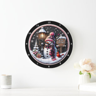 Snowman's Cosy Night" - Festive Black Christmas Large Clock