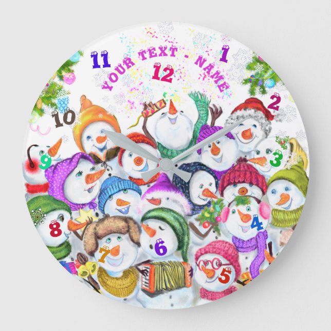 Snowmans Party Christmas Clock Custom Text Name (Front)