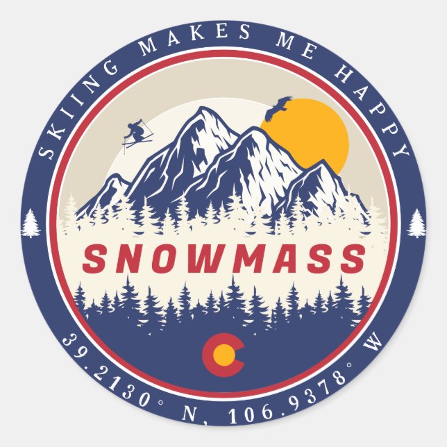 Snowmass Colorado Flag Mountain Ski Souvenir Classic Round Sticker (Front)