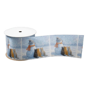 Snowmen and Cats In a Snowy Field Satin Ribbon