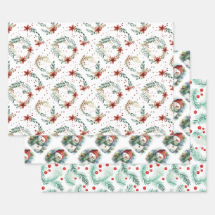 Snowmen and Christmas Holly Wrapping Paper Sheet