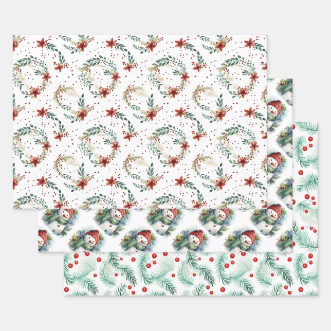 Snowmen and Christmas Holly Wrapping Paper Sheet (Set)