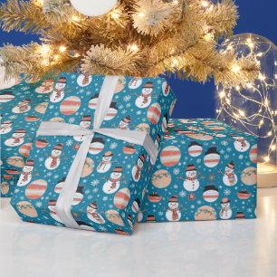 Snowmen and Christmas Ornaments Blue Christmas Wrapping Paper