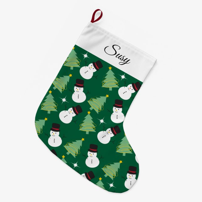 Snowmen and Christmas Tree Pattern Large Christmas Stocking (Front (Hanging))