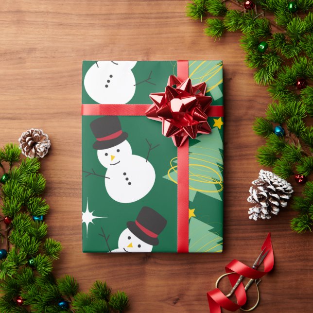 Snowmen and Christmas Tree Pattern Wrapping Paper (Holiday Gift)