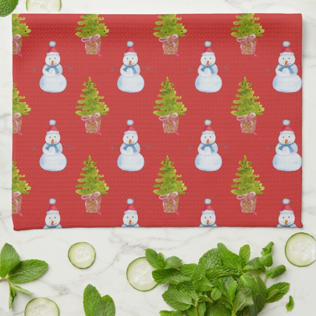 Snowmen and Christmas Trees Pattern Kitchen Towel (Folded)
