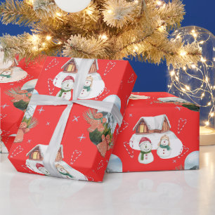 Snowmen and Gingerbread Festive Christmas Red Wrapping Paper