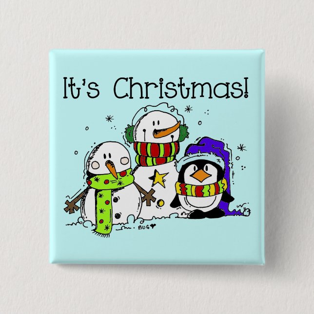 Snowmen and Penguins It's Christmas 15 Cm Square Badge (Front)