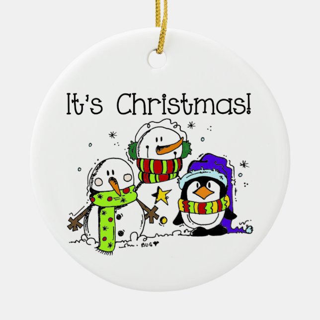 Snowmen and Penguins It's Christmas Ceramic Tree Decoration (Front)