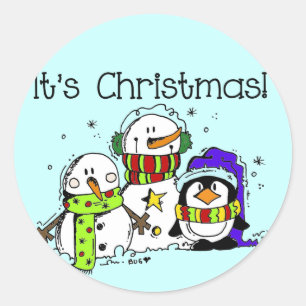 Snowmen and Penguins It's Christmas Classic Round Sticker