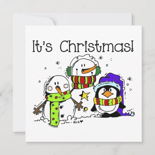 Snowmen and Penguins It's Christmas Holiday Card (Front)
