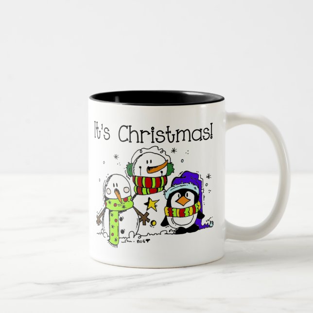 Snowmen and Penguins It's Christmas Two-Tone Coffee Mug (Right)