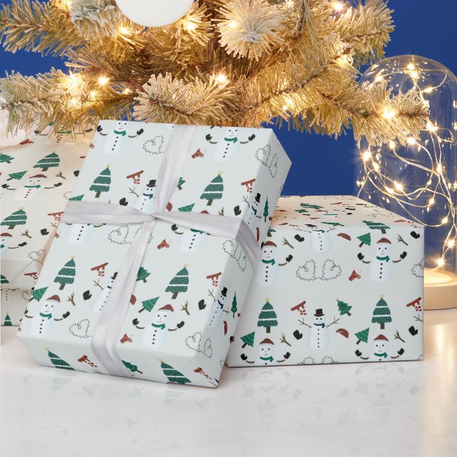 Snowmen and Pine Trees Green Trees Christmas Wrapping Paper (Holidays)