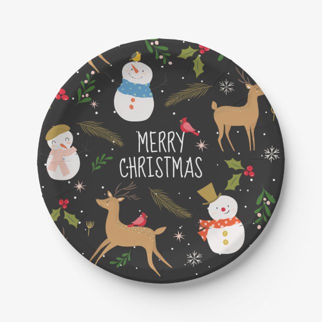 Snowmen and Reindeer Christmas Paper Plate (Front)